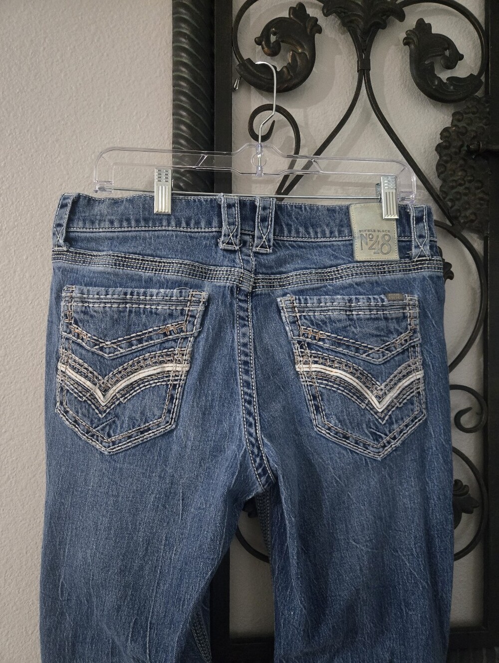 Buckle Black Distressed Slim Boot Blue Denim Jeans